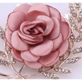 Delicate pink satin fabric flower lady temperamental pin with rhinestone encrusted gold tone leaf floral brooch set