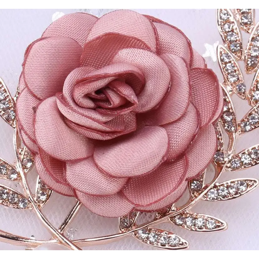 Delicate pink satin fabric flower lady temperamental pin with rhinestone encrusted gold tone leaf floral brooch set