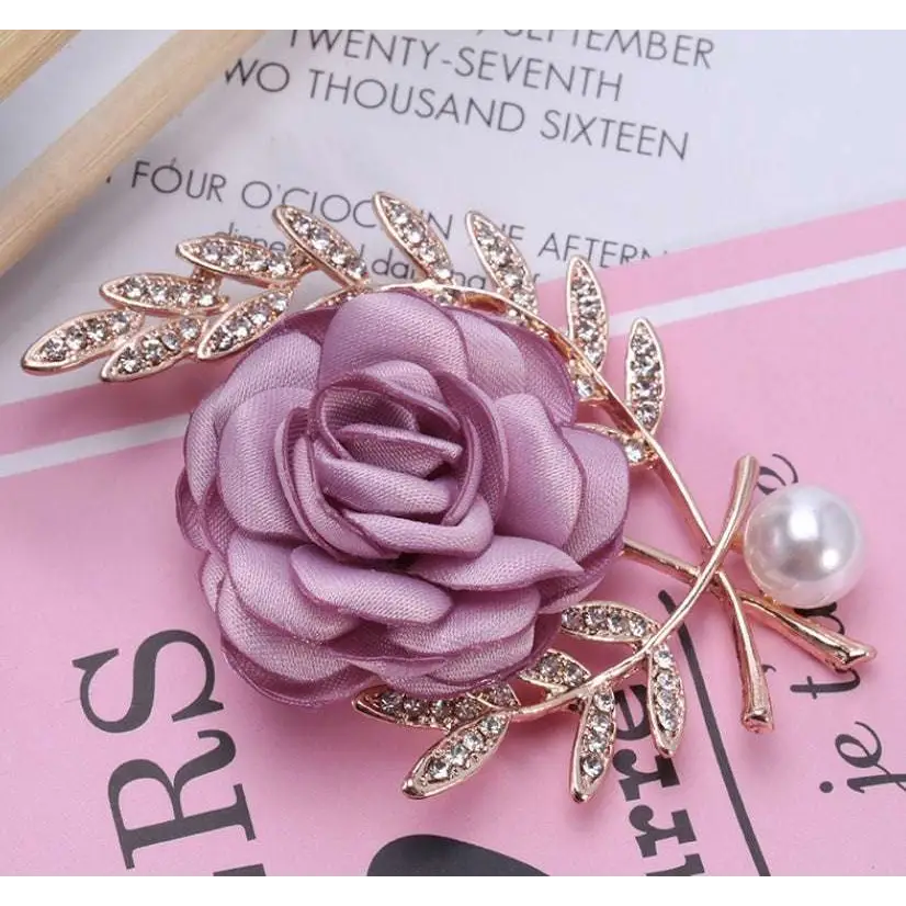 Three elegant fabric flower lady temperamental pins floral brooch set with satin roses in lavender dusty blue blush pink