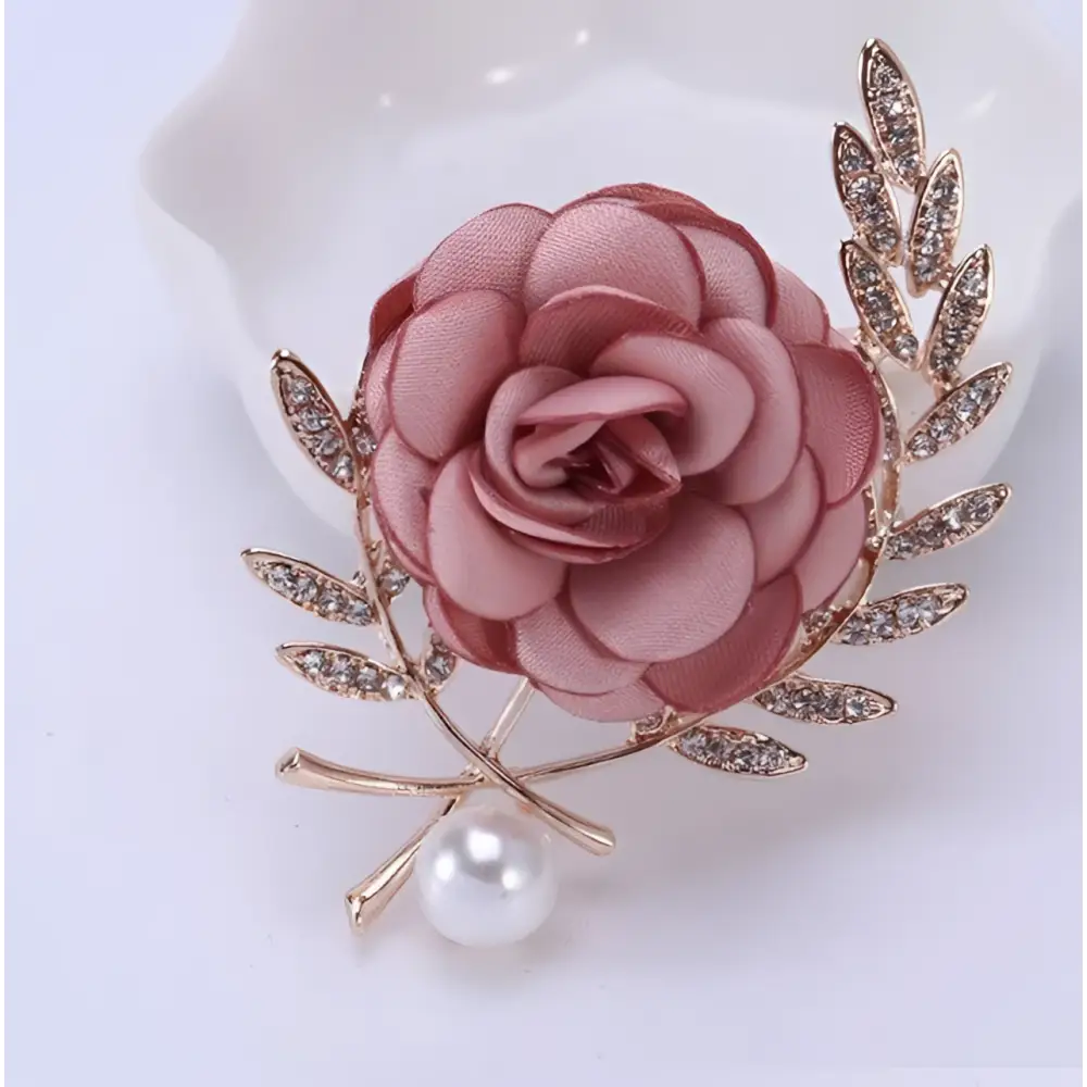 Delicate fabric flower lady temperamental pin floral brooch set with soft pink satin rose and gold-toned rhinestone leaves