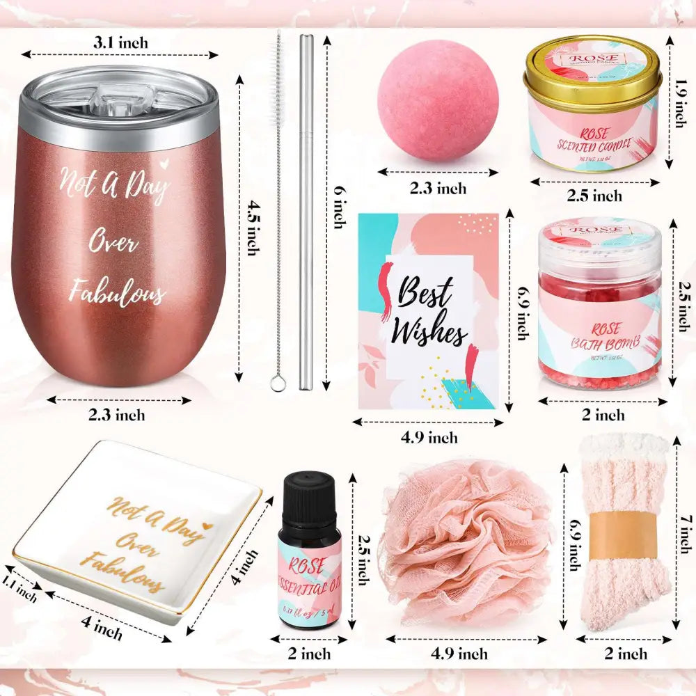 Rose-gold metallic insulated wine tumbler engraved with not a day over fabulous included in salt gift set with fizzing bath salts