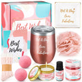 Rose gold insulated wine tumbler with silver lid engraved with not a day over fabulous in a fizzing bath salts gift set