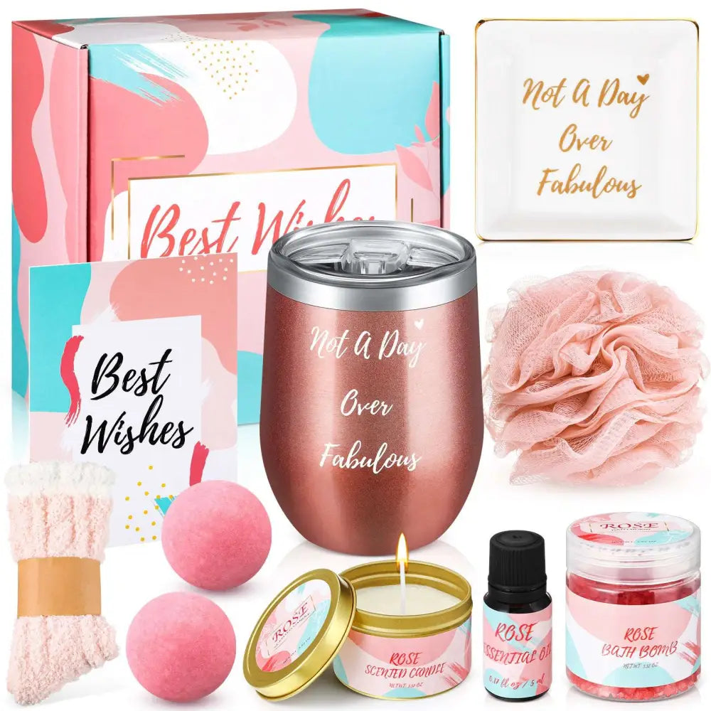Rose gold insulated wine tumbler with silver lid engraved with not a day over fabulous in a fizzing bath salts gift set