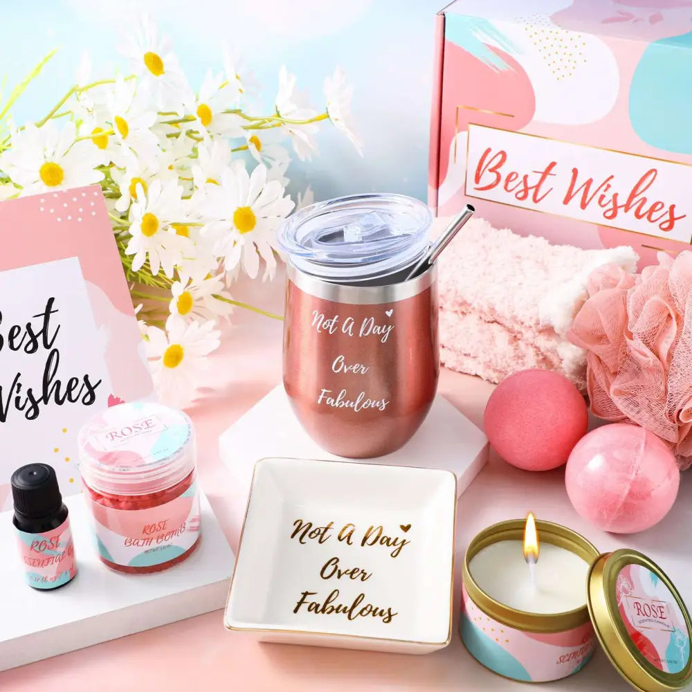 Rose gold insulated tumbler with clear lid and stainless steel straw engraved with not a day over fabulous in salt gift set