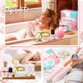 Pink rose-scented bath bomb with smooth matte finish included in fabulous tumbler and fizzing bath salts gift set