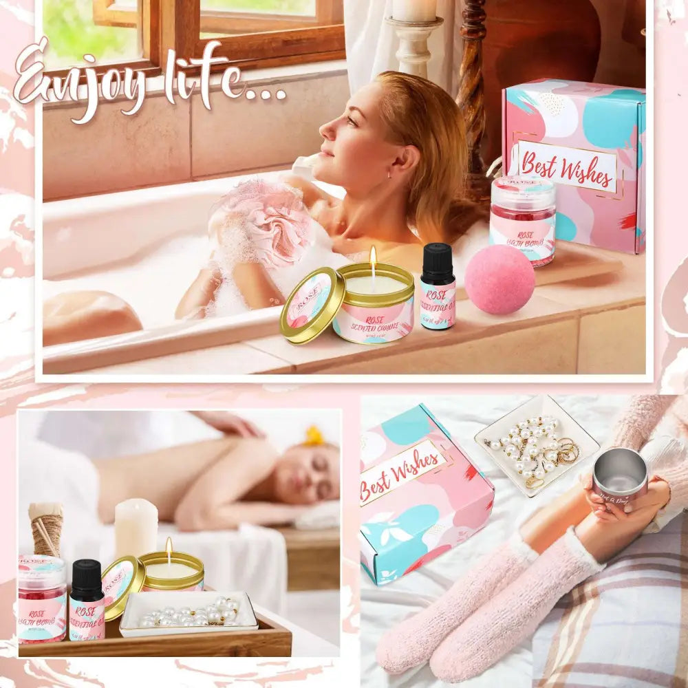 Pink rose-scented bath bomb with smooth matte finish included in fabulous tumbler and fizzing bath salts gift set