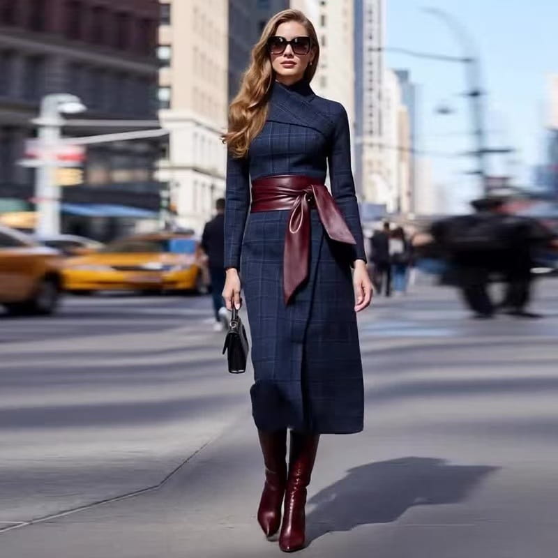 A navy blue plaid midi belted dress with a high collar and long sleeves cinched at the waist by a wide burgundy leather wide-waisted belt.