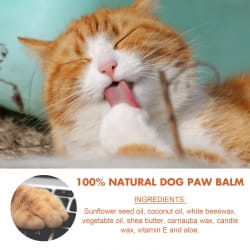 orange tabby cat with white paws and closed eyes yawning next to natural pet foot care cream for soothing pet foot care.