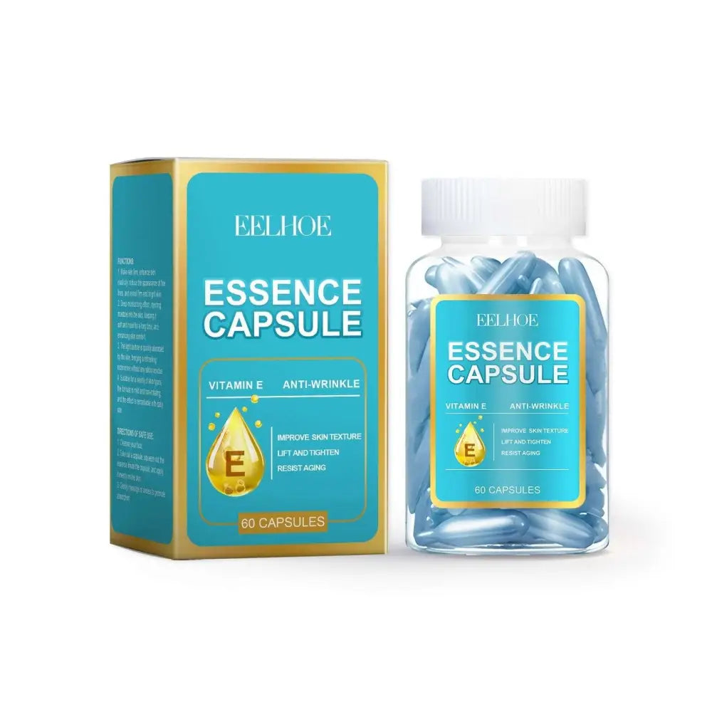 Facial anti aging capsules with teal and gold eelhoe essence packaging containing blue capsules in a clear bottle