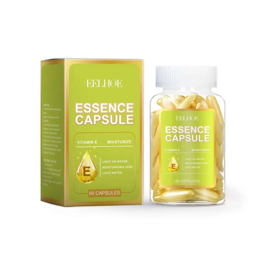 Facial anti aging capsules in green and gold eelhoe essence packaging with a transparent bottle of yellow capsules