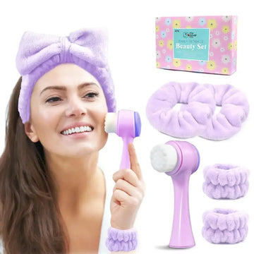 Purple facial cleansing brush with white and purple silicone face-washing head for daily skincare routine