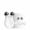 White facial lifting firming roller with two chrome spherical rollers and a front power button for skin rejuvenation