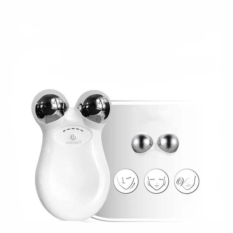 White facial lifting firming roller with two chrome spherical rollers and a front power button for skin rejuvenation