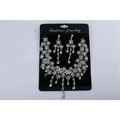 Silver floral necklace set with dangling crystal teardrops displayed on black card for factory direct bride dress diamond choker