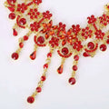 A factory direct bride red and gold crystal dress diamond choker necklace with floral designs and teardrop charms