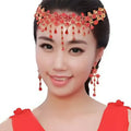 Red and gold beaded headpiece with dangling crystal drops for factory direct bride wedding dress diamond choker look