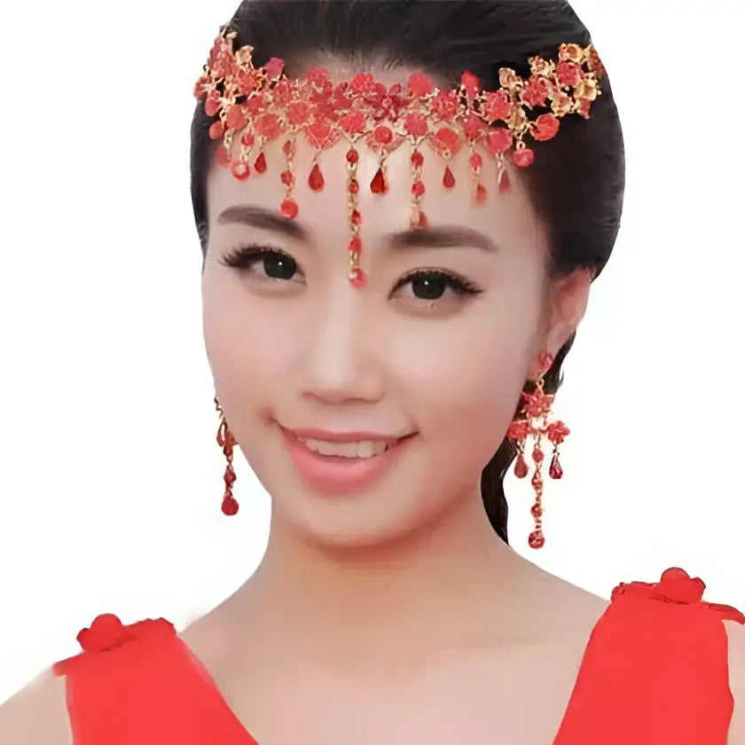 Red and gold beaded headpiece with dangling crystal drops for factory direct bride wedding dress diamond choker look