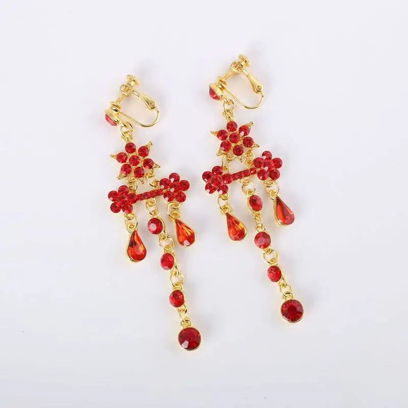 Elegant red crystal chandelier earrings with gold-tone hooks complement a factory direct bride wedding dress diamond choker