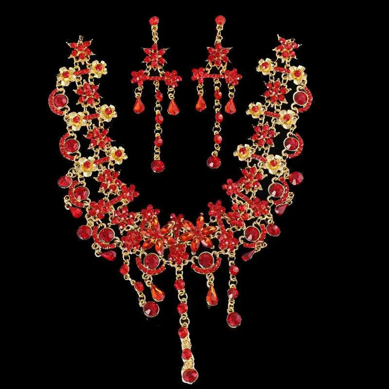 Elegant red and gold floral jewelry set with crystal embellishments complements factory direct bride wedding dress diamond choker