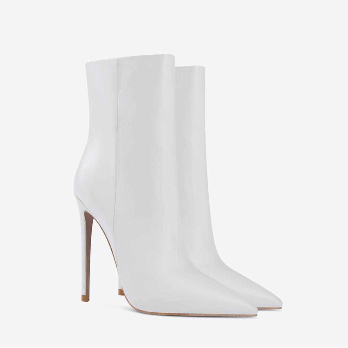 White patent leather stiletto ankle boots with a sleek pointed toe and slender high heel displayed from the front.