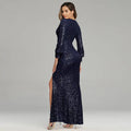 Navy blue sequined evening dress with three-quarter sleeves and a sexy high slit perfect for fantasy celebrity events