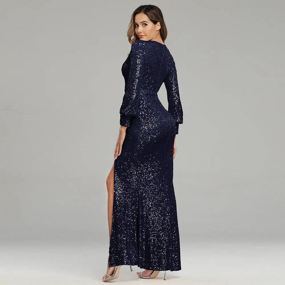 Navy blue sequined evening dress with three-quarter sleeves and a sexy high slit perfect for fantasy celebrity events