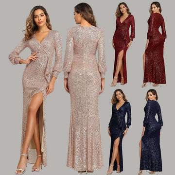 A fantasy celebrity sexy sequined evening dress in rose gold with long sleeves high slit and wrap design