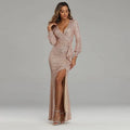 A rose gold sequined evening dress with deep v-neckline long sleeves and high slit fantasy celebrity sexy design