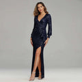 Navy blue sequined evening dress with long sleeves and high slit from fantasy celebrity sexy collection