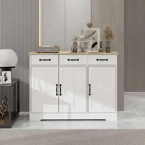 Farmhouse Buffet Cabinet Storage Sideboard With 3 Drawers And 3 Doors For Dining Room, Living Room, Kitchen Cupboards - White - Royalessencelux