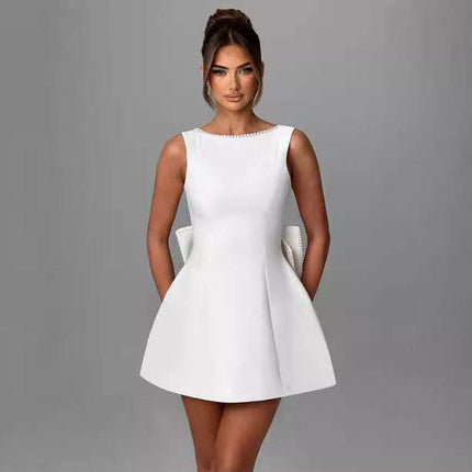 Fashion Big - Bowed Pearls Backless Dress Summer Slim Sleeveless A - line Dresses For Party Evening Women's Clothing - Royalessencelux