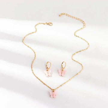 Gold chain resin butterfly necklace with pink pendant and matching gold hoop earrings creative fashion resin set