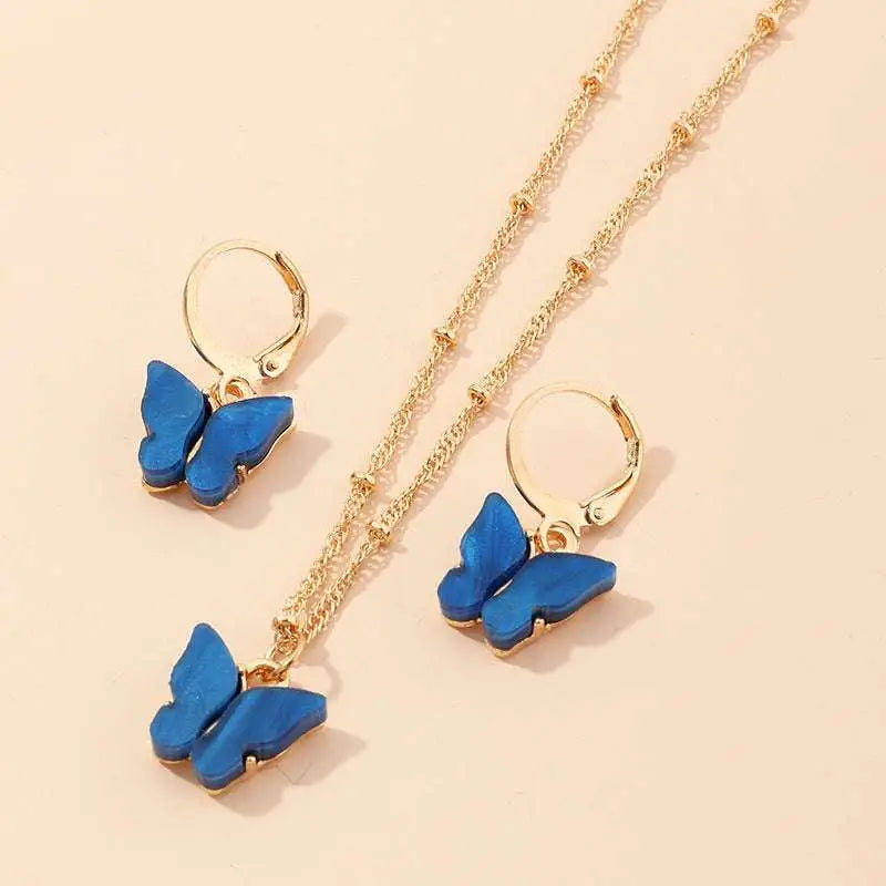 Gold chain resin butterfly necklace with pink pendant and matching gold hoop earrings creative fashion resin set