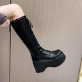 Fashion white platform lace up high boots featuring black leather knee-high design with thick platform sole
