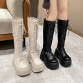 Cream and black fashion white platform lace up high boots with thick soles made of leather for stylish wear