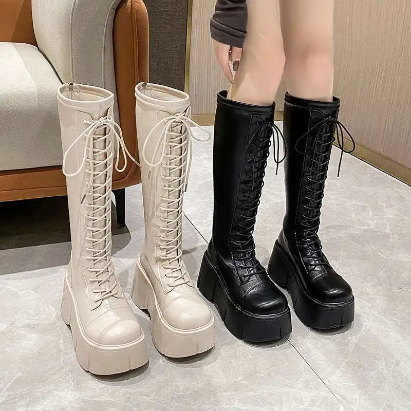 Cream and black fashion white platform lace up high boots with thick soles made of leather for stylish wear