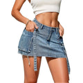 Fashion y2k denim mini skirt in medium-wash blue with ruffled side panels and frayed hem without cargo pockets