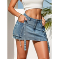 Fashion Y2K denim mini skirt in medium-wash blue with ruffled side panels frayed hem and cargo pockets