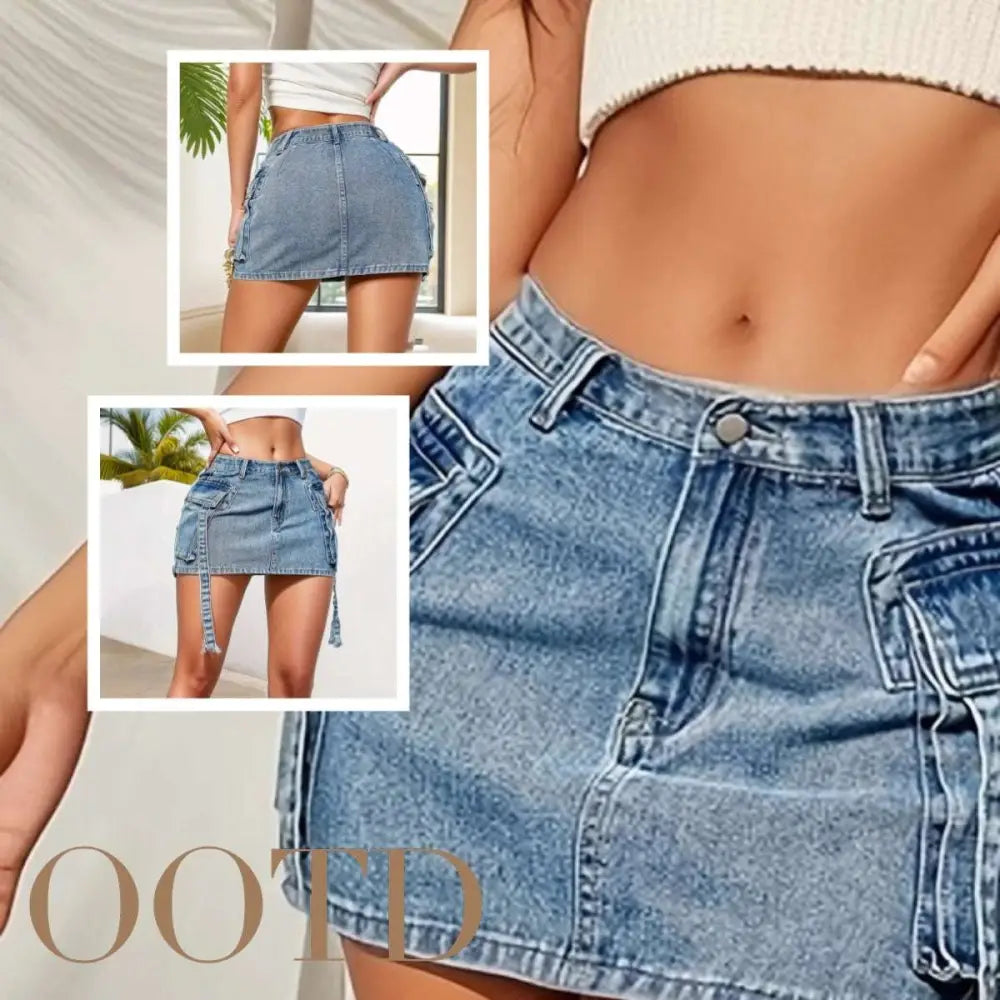 Fashion y2k denim light-wash mini skirt with high waist front button closure and cargo pockets with decorative straps
