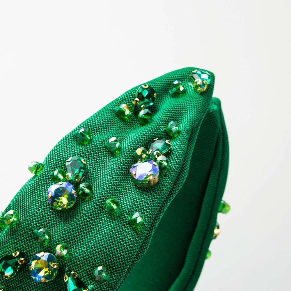 Emerald green satin headband elegant adorned with sparkling multicolored rhinestones diamond-embedded high-grade design