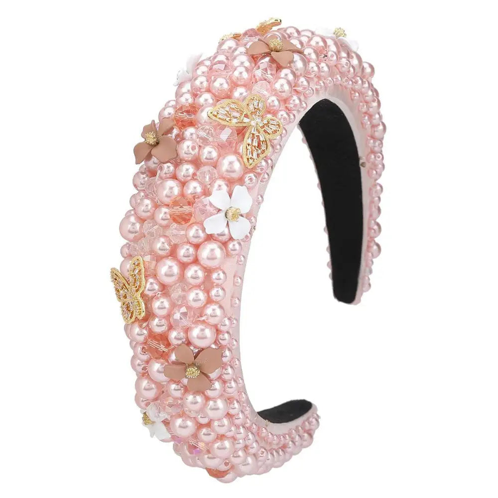 Pink floral headband with delicate pink pearls and gold butterflies in silver and pink beads for fashionable hair accessory