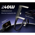 Black and silver foldable phone tablet stand with integrated black braided usb-c elbow 240w 65w fast charging data cable