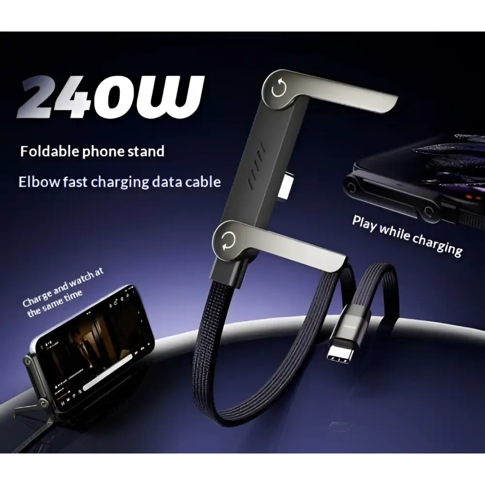 Black and silver foldable phone tablet stand with integrated black braided usb-c elbow 240w 65w fast charging data cable