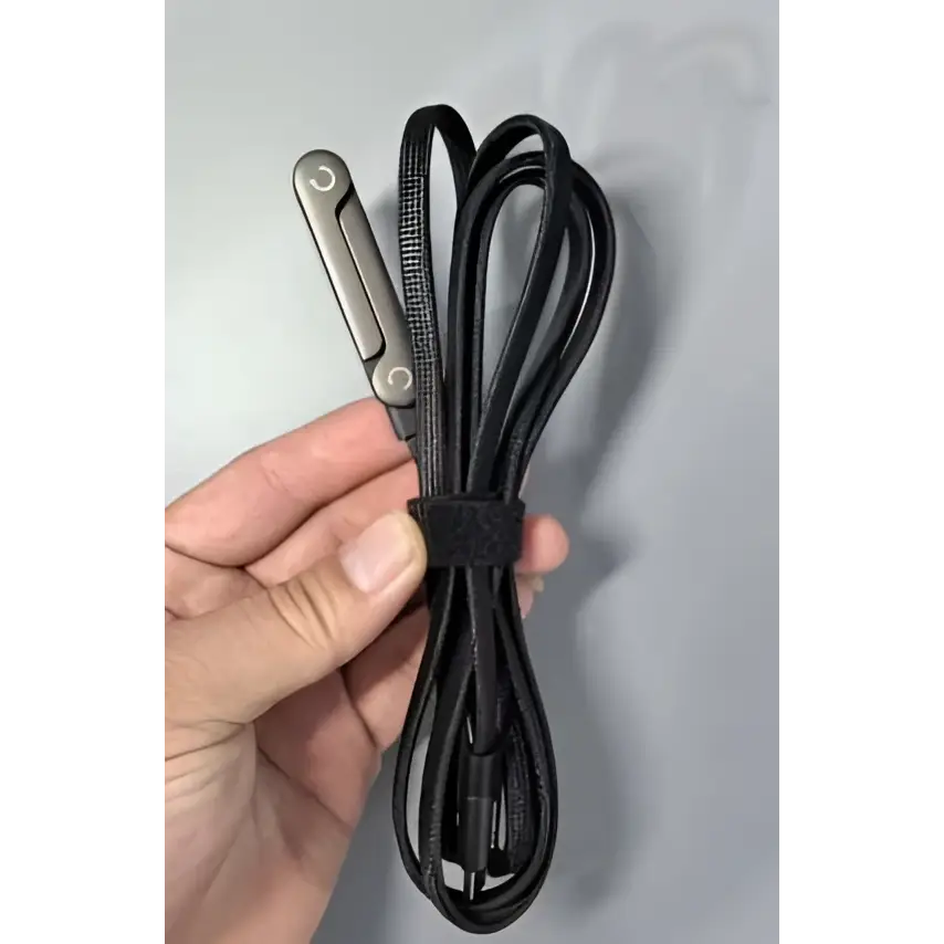 Black braided usb-c fast charging data cable with sleek silver metal connector and velcro strap for phone tablet stand use