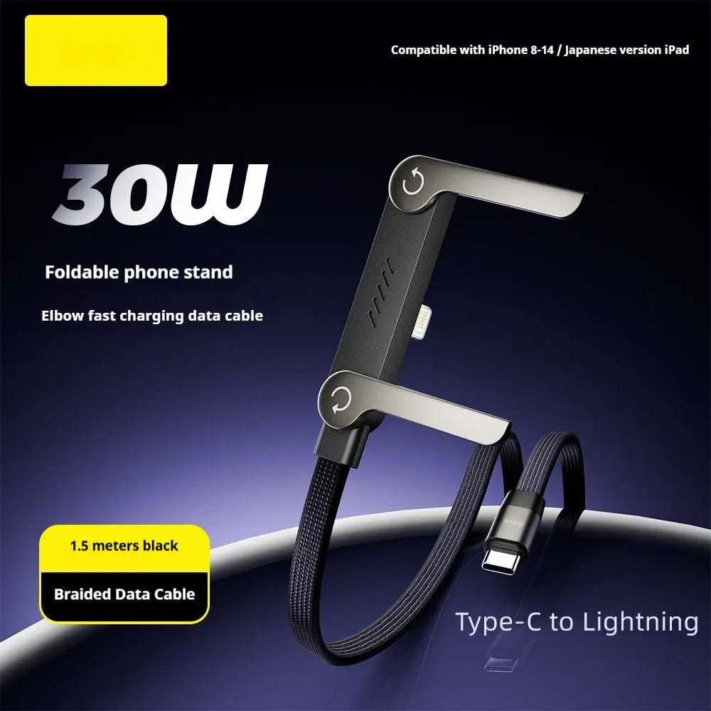 Black braided usb-c to lightning fast charging data cable with foldable phone tablet stand supports 240w 65w fast charging
