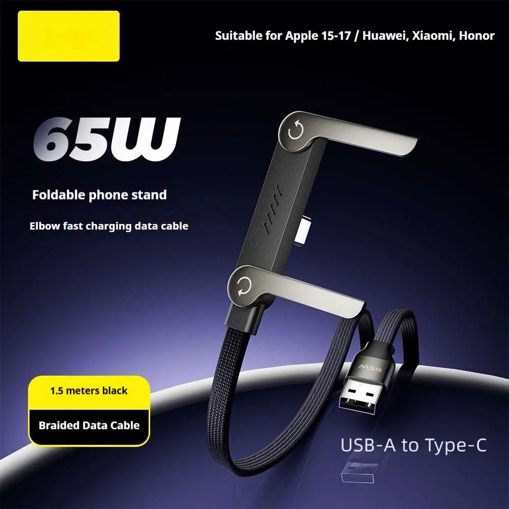 Black braided usb-c fast charging data cable with foldable phone tablet stand design supporting 240w 65w fast power