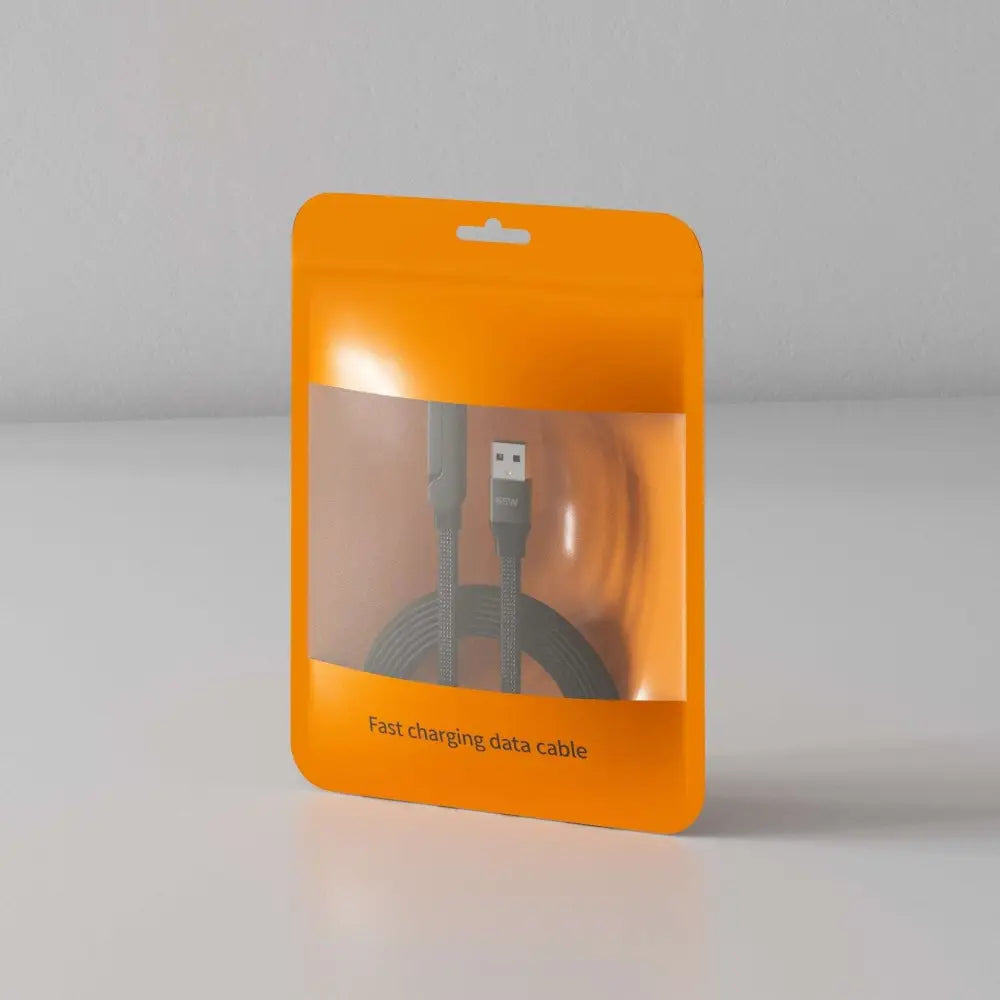 Black braided usb-c to usb-a fast charging data cable in orange packaging compatible with phone tablet stand 240w 65w fast