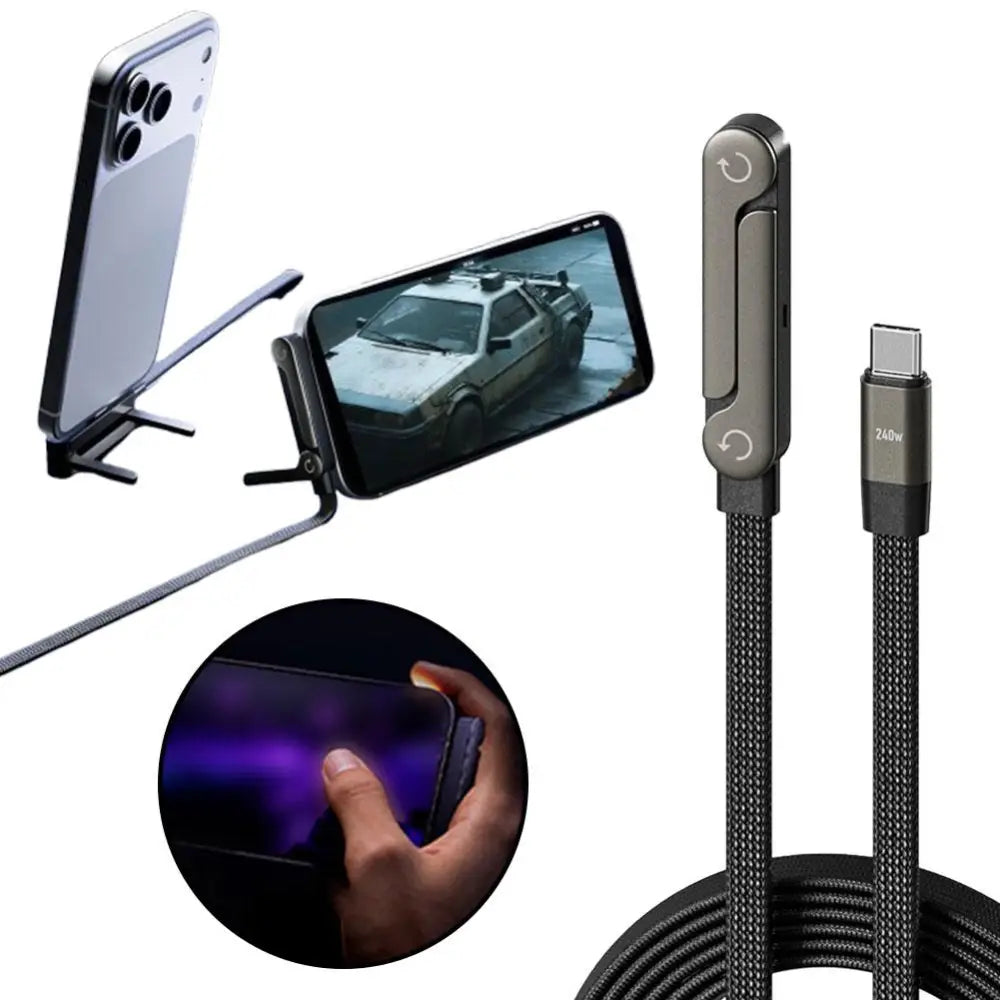 Black braided usb-c fast charging data cable with magnetic rotating connector and 24w power delivery for phone tablet stand