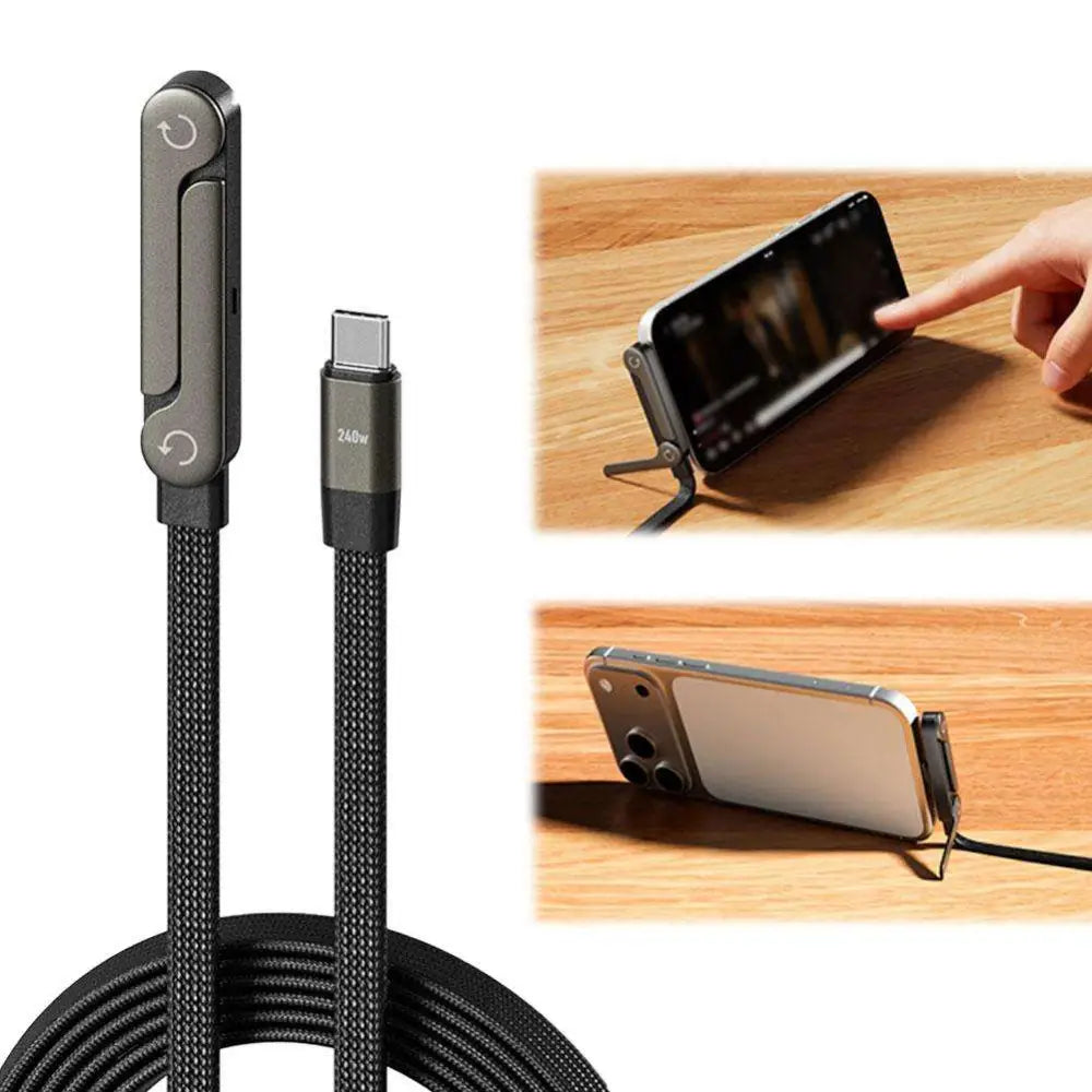 Black braided usb-c fast charging data cable with foldable magnetic connector for phone tablet stand 240w 65w fast