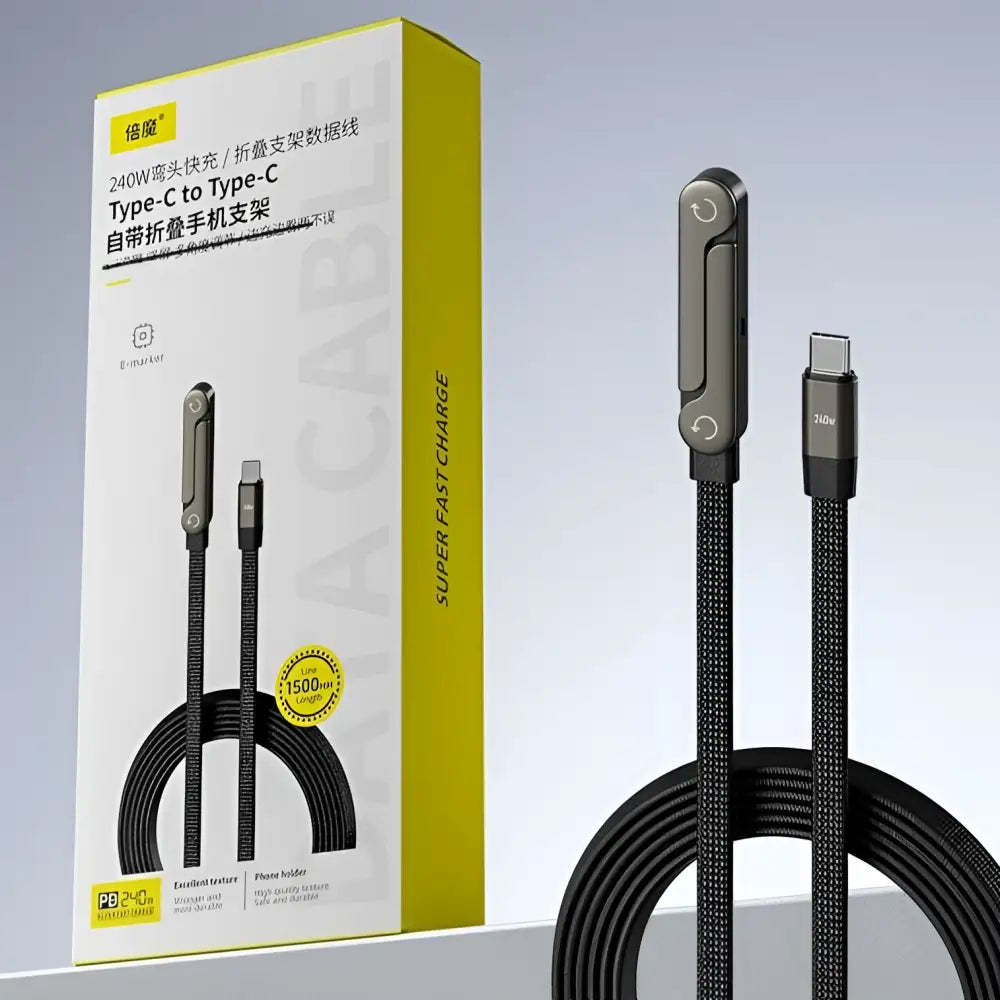 Black braided usb-c 240w 65w fast charging data cable with foldable phone tablet stand built into one connector